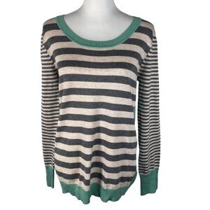 O+O Green Gray Tan Stripes Round Crew Neck Tight Knit Long Sleeve Pullover L